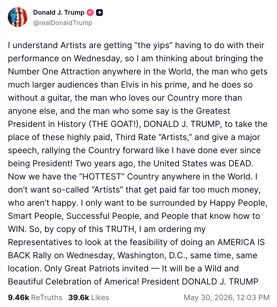 Social media station by Donald J. Trump discussing a imaginable rally featuring artists post-pandemic successful Washington, D.C., to enactment America