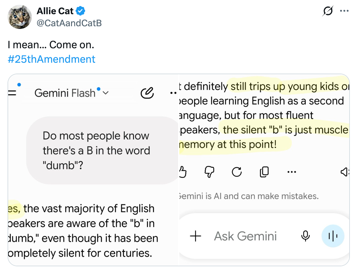 Tweet viser Gemini AI som sier at de fleste vet at det er en