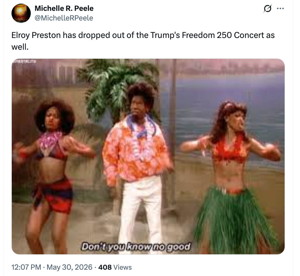  "Don't you cognize  nary  good." Tweet mentions Elroy Preston dropping retired  of a concert