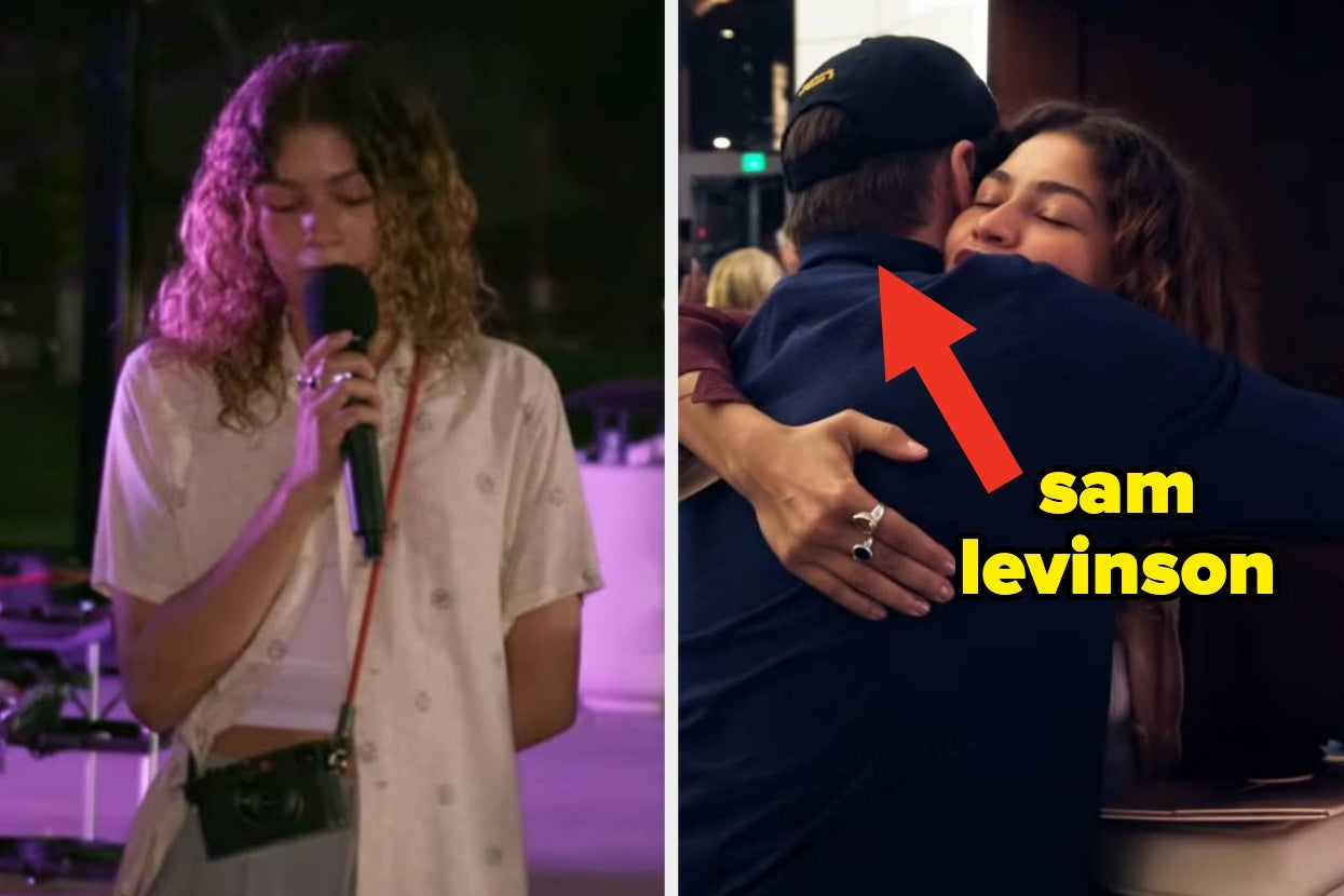 Two-image collage. Left: Person speaks into a mic. Right: Same person hugs a man; text labels him as Sam Levinson