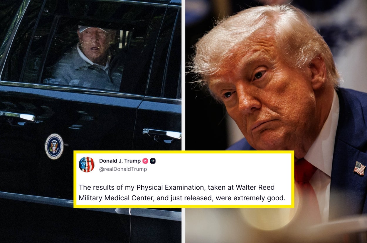 A man in a suit, seen through a car window, and the same man in a close-up, both images accompanied by a tweet about his medical exam results