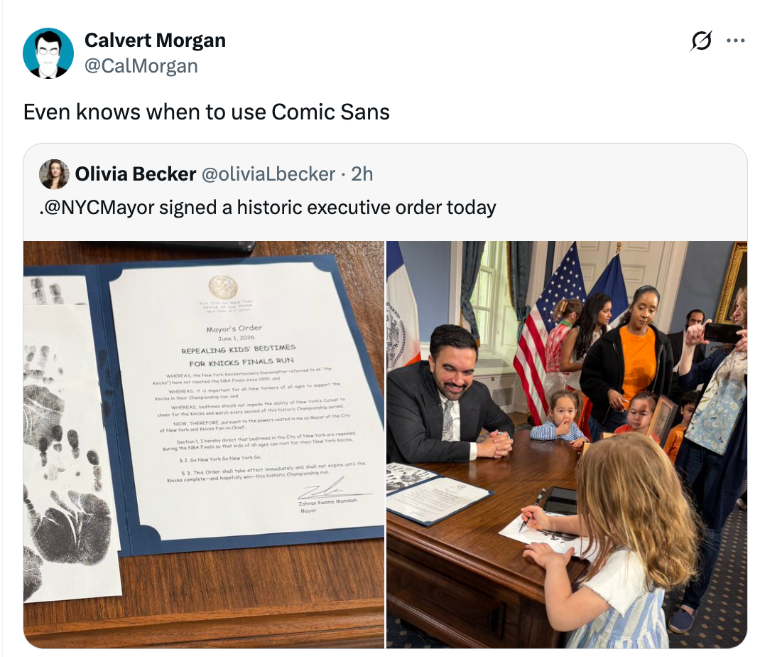 Tweet showing a kid  signing a papers  beside an official. Caption jokes astir  utilizing Comic Sans font appropriately