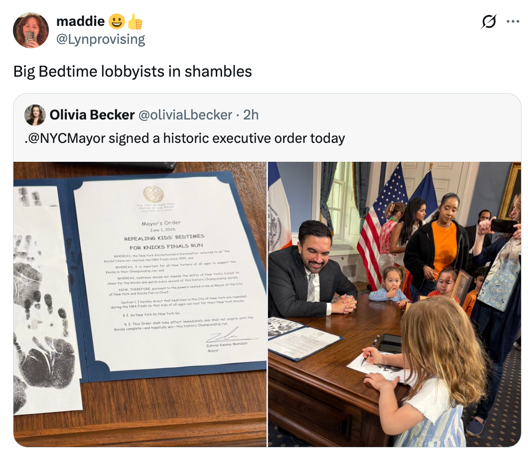 Tweet showing a station  astir  NYC Mayor signing an enforcement  order. Includes side-by-side images of the papers  and the Mayor with a child