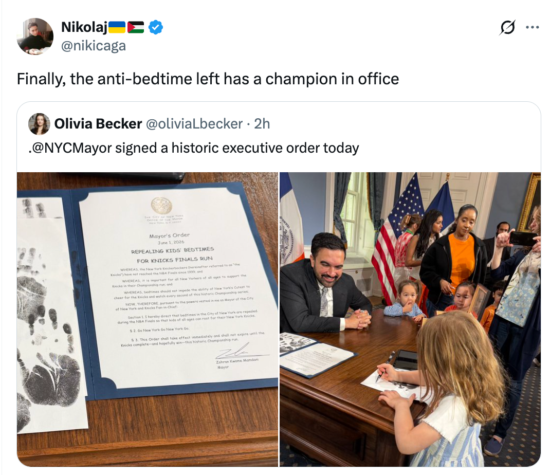 A kid  signs a papers  with the NYC Mayor. A tweet supra  humorously refers to a "champion successful  office" for anti-bedtime