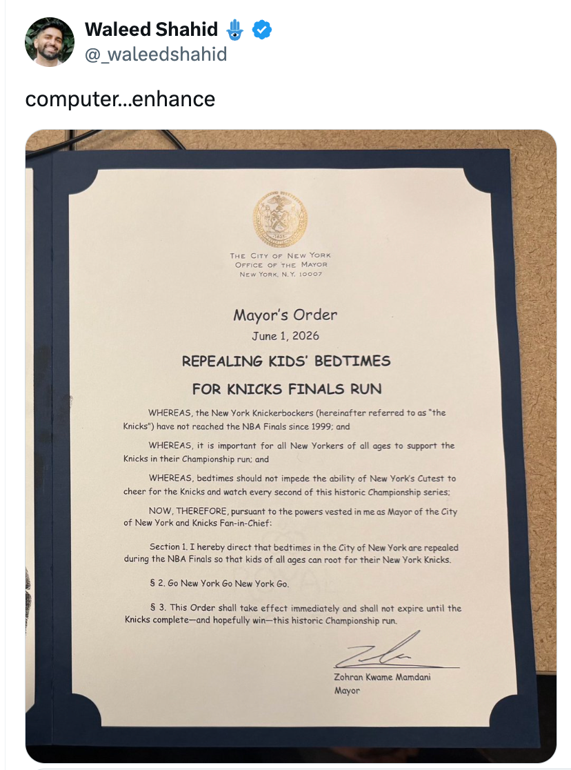 A humorous mock mayor's bid   repealing kids' bedtimes for Knicks' NBA Finals run, dated June 1, 2026, signed by a fictitious mayor