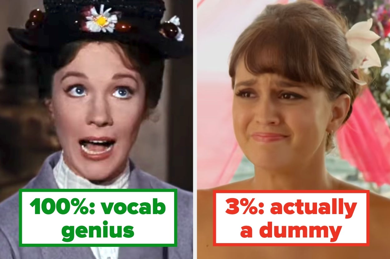 Split image: left shows a woman in a hat labeled "100%: vocab genius," right shows a woman with a flower in her hair labeled "3%: actually a dummy."