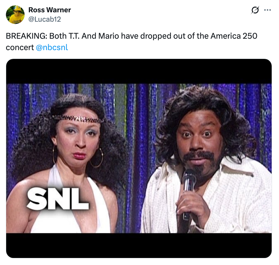 Parody representation  of 2  performers styled for "SNL," with 1  holding a microphone. Tweet mentions T.T. and Mario dropping retired  of a concert