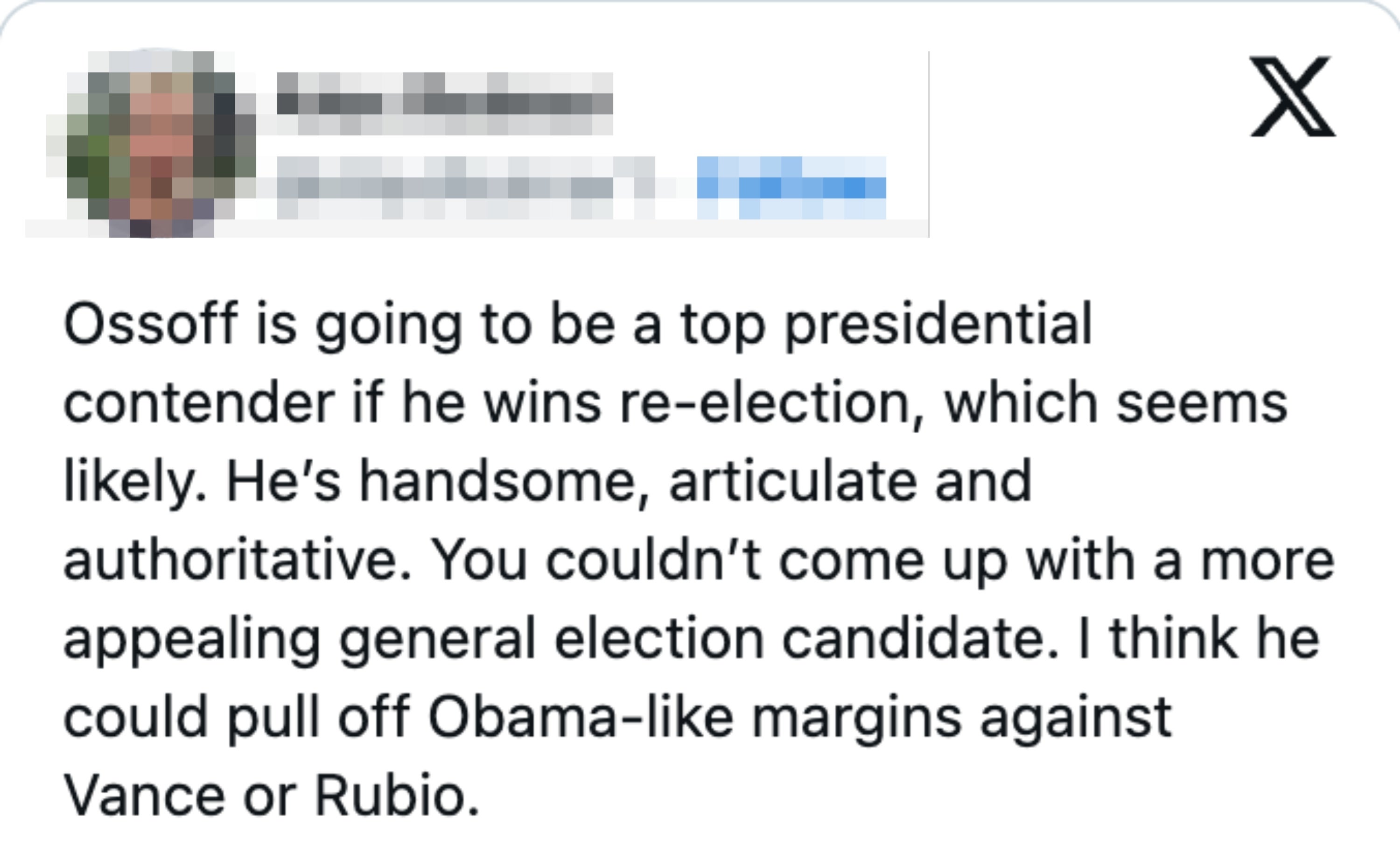 Et innlegg på sosiale medier av Alex Reimer som foreslår Ossoff som en sterk presidentkandidat, og sammenlignet appellen hans med den til Obama mot Vance eller Rubio