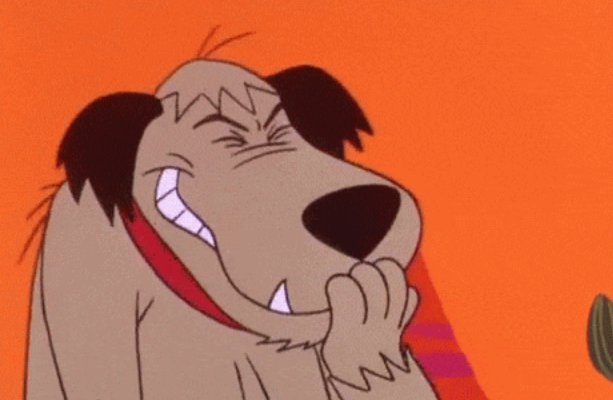 Animated canine  with a sly grin, covering its rima  arsenic  if chuckling. The inheritance  is plain