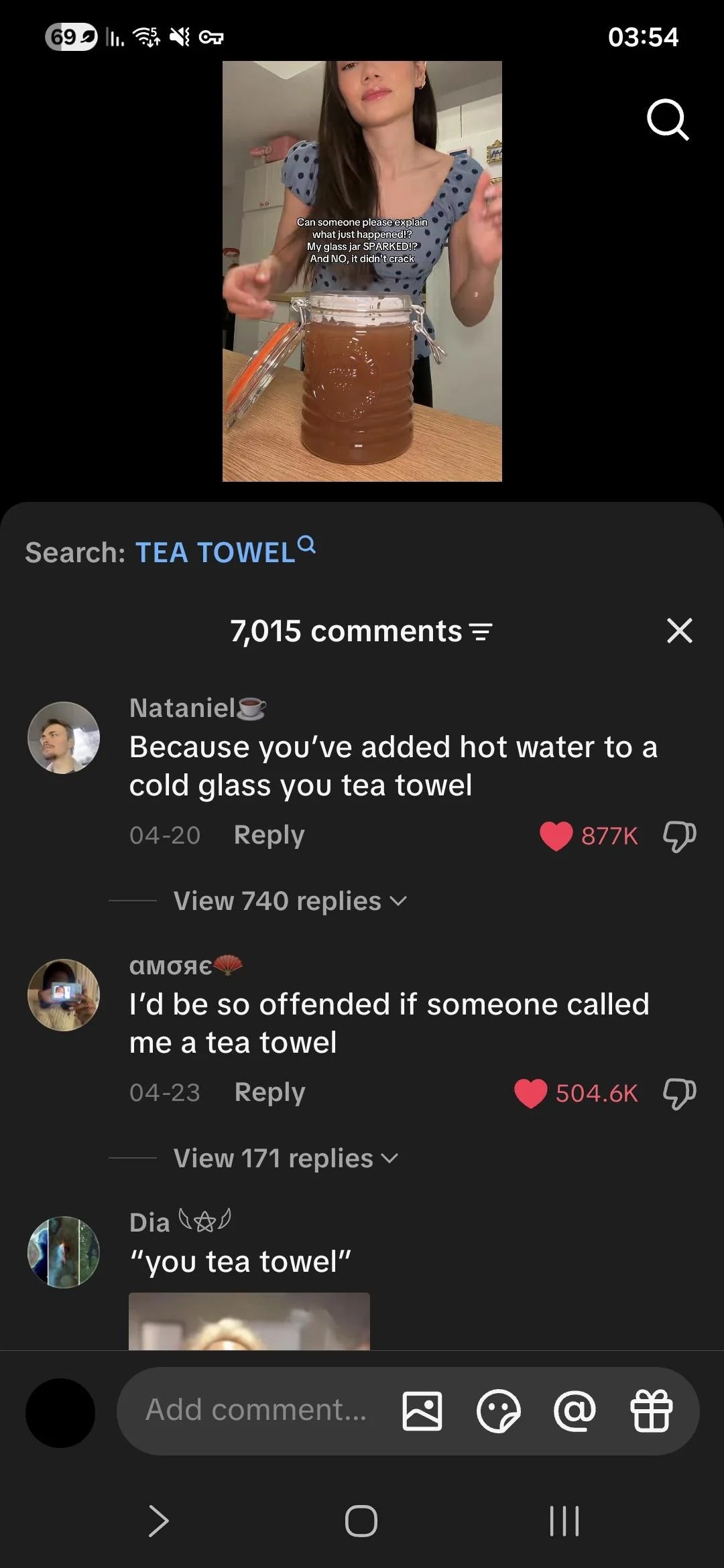 A idiosyncratic   explains wherefore  a solid  cracked aft  adding blistery  water, with comments expressing humorous reactions to being called a "tea towel."