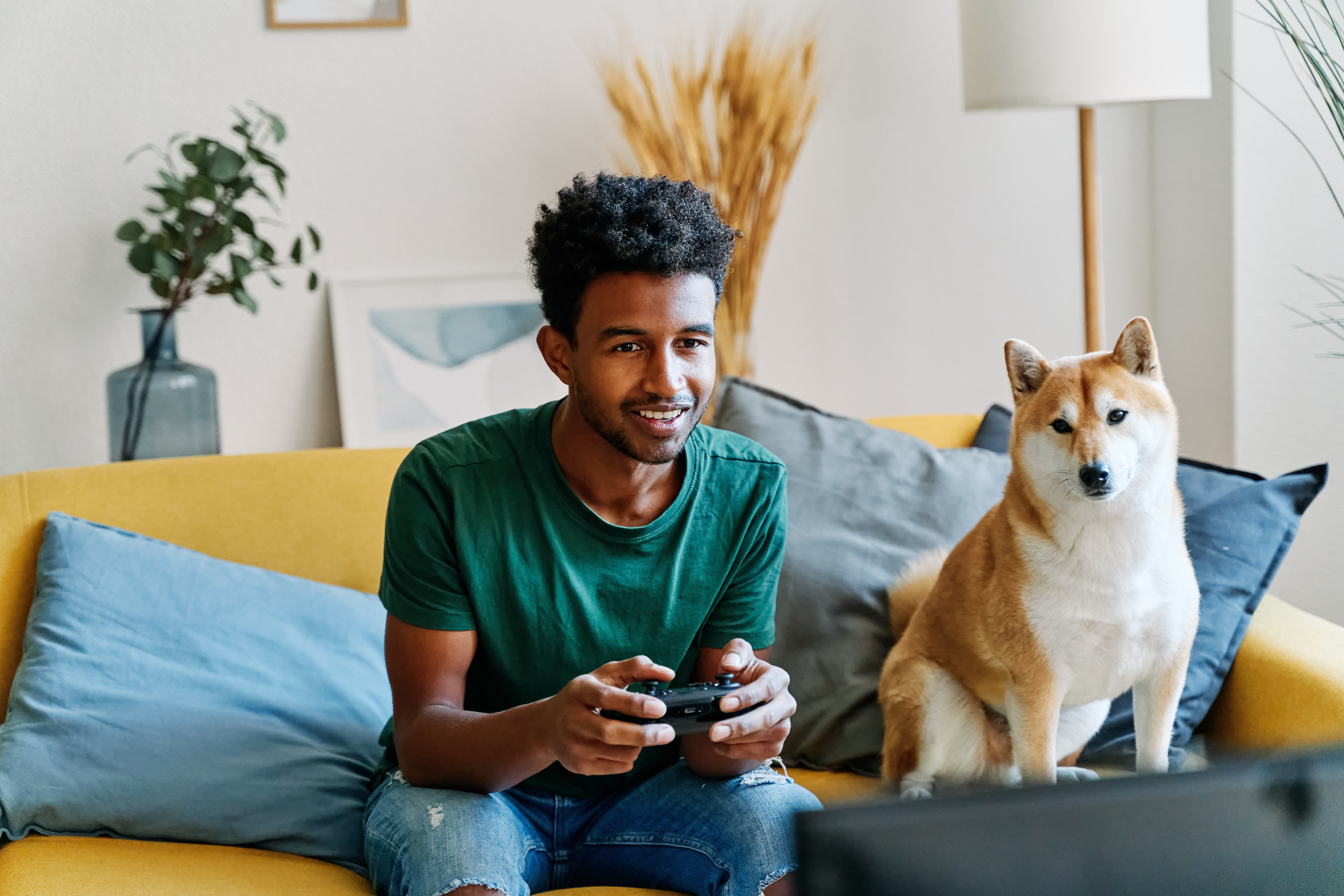 Person som spiller tilfeldig på en sofa med en Shiba Inu-hund ved siden av seg. Innstillingen er avslappet, noe som indikerer fritid