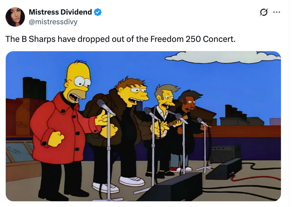 Cartoon set  with 4  members successful  casual deterioration  connected  stage; tweet says, "The B Sharps person  dropped retired  of the Freedom 250 Concert."
