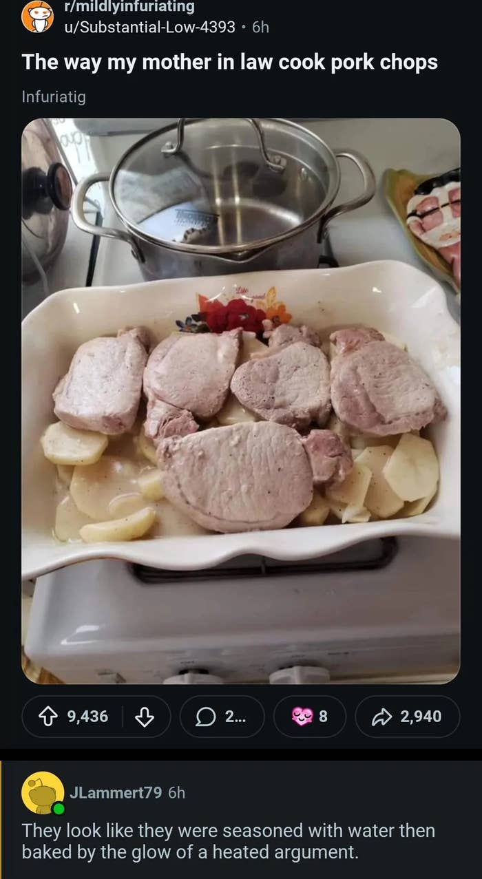Plate of lightly cooked pork chops implicit    sliced potatoes with a humorous remark  astir  their bland appearance