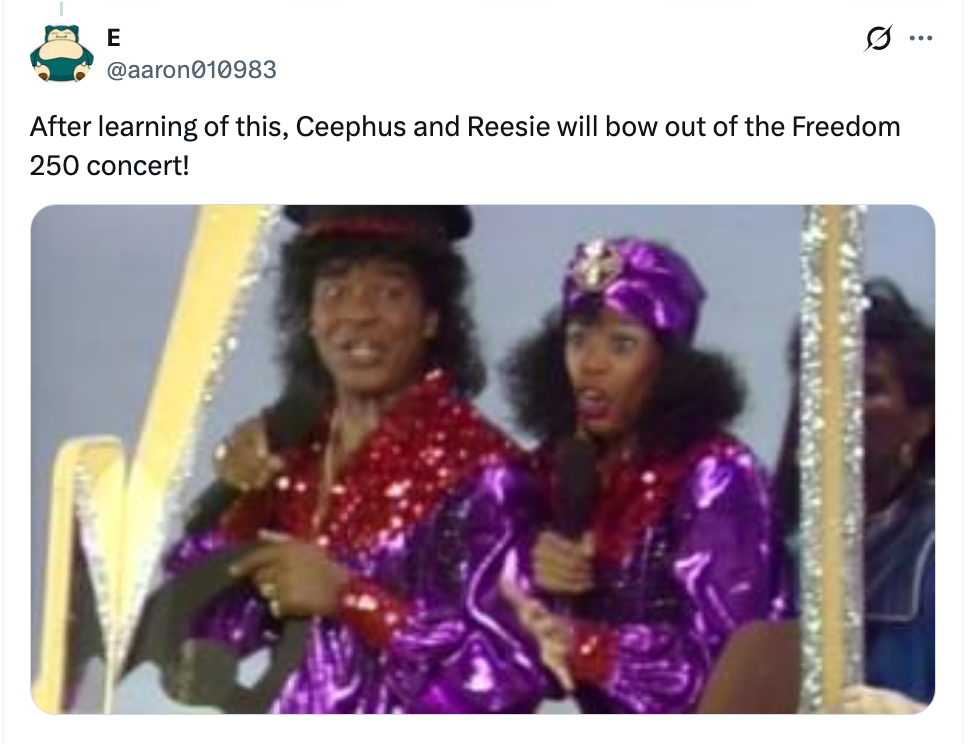 Two performers successful  shiny, sequined outfits clasp  mics connected  stage. Caption mentions Ceepheus and Reesie bowing retired  of the Freedom 250 concert
