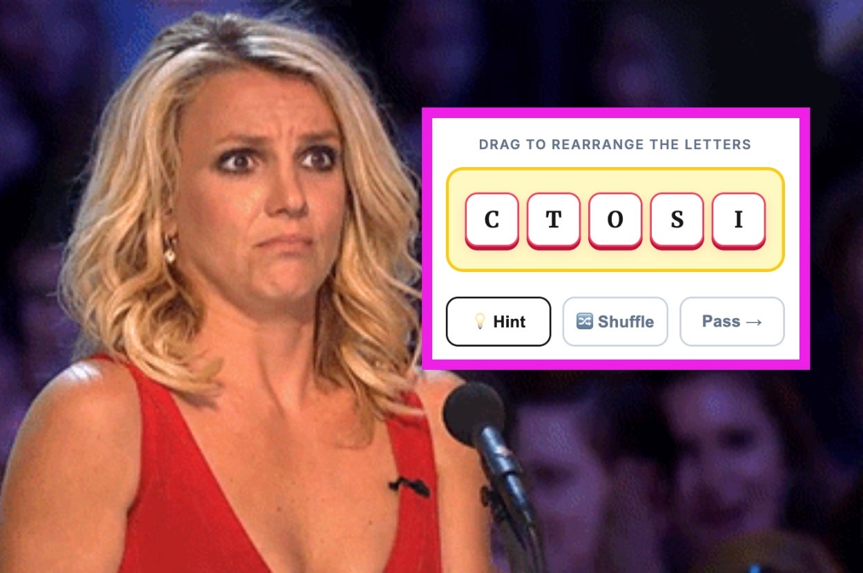 A person in a red dress looks puzzled, facing a word puzzle game on screen. The task is to rearrange the letters C, T, O, S, I