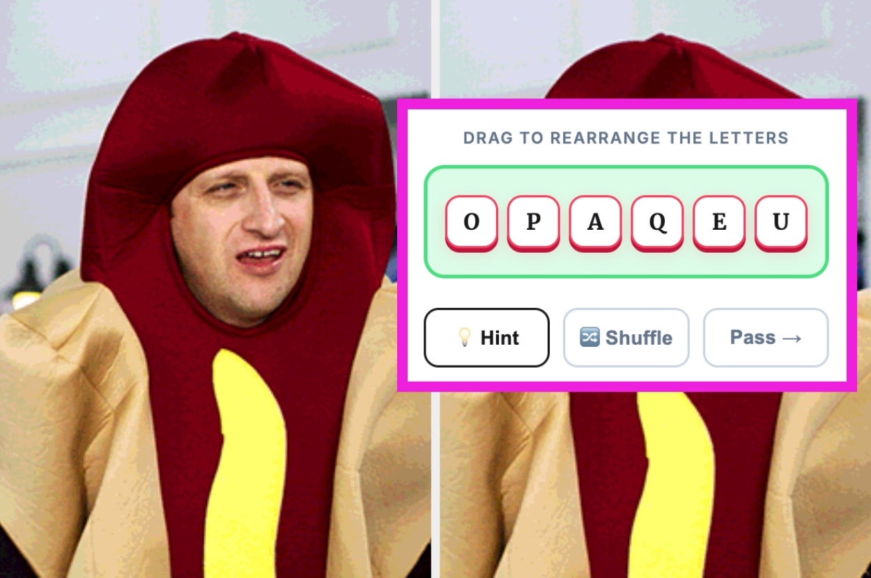 A person in a hot dog costume beside a word puzzle game interface with letters "O P A Q E U." Options include Hint, Shuffle, and Pass