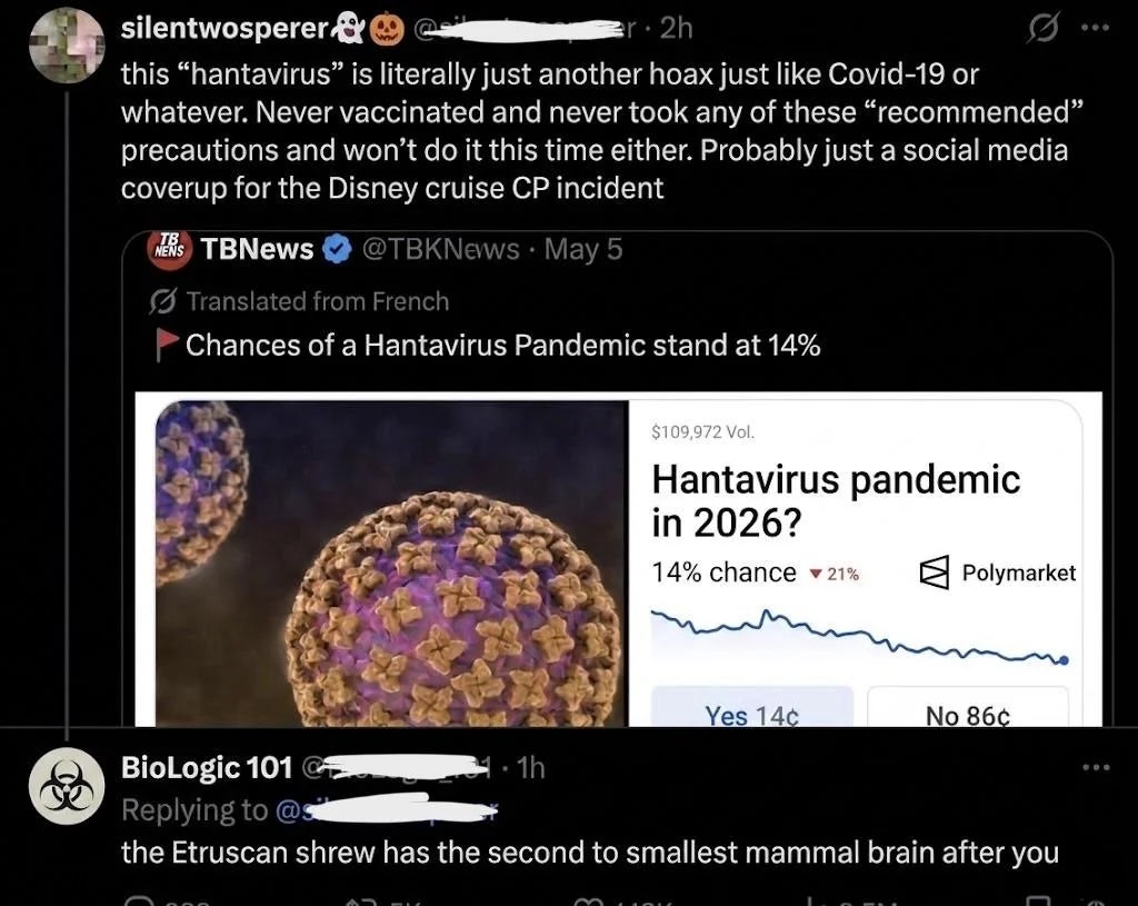 A societal  media station  speculating astir  a aboriginal   hantavirus pandemic successful  2026, showing a 14% accidental  statistic