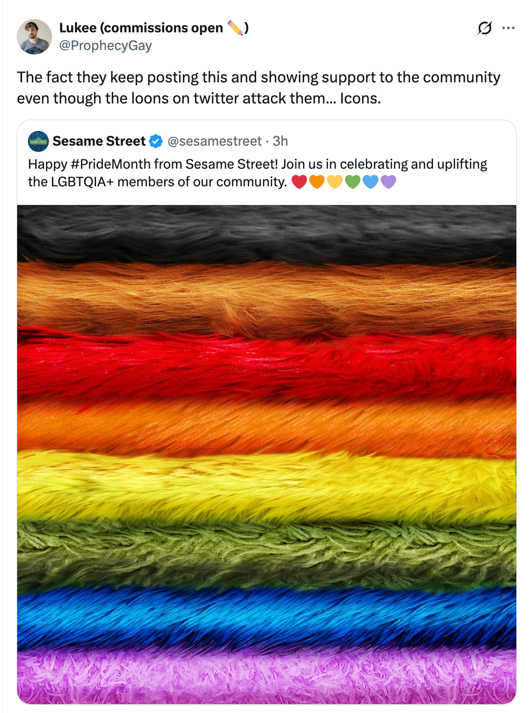 Tweet by Lukee supporting Sesame Street's connection for Pride Month, featuring the rainbow and different Pride emblem colors symbolizing LGBTQIA+ unity