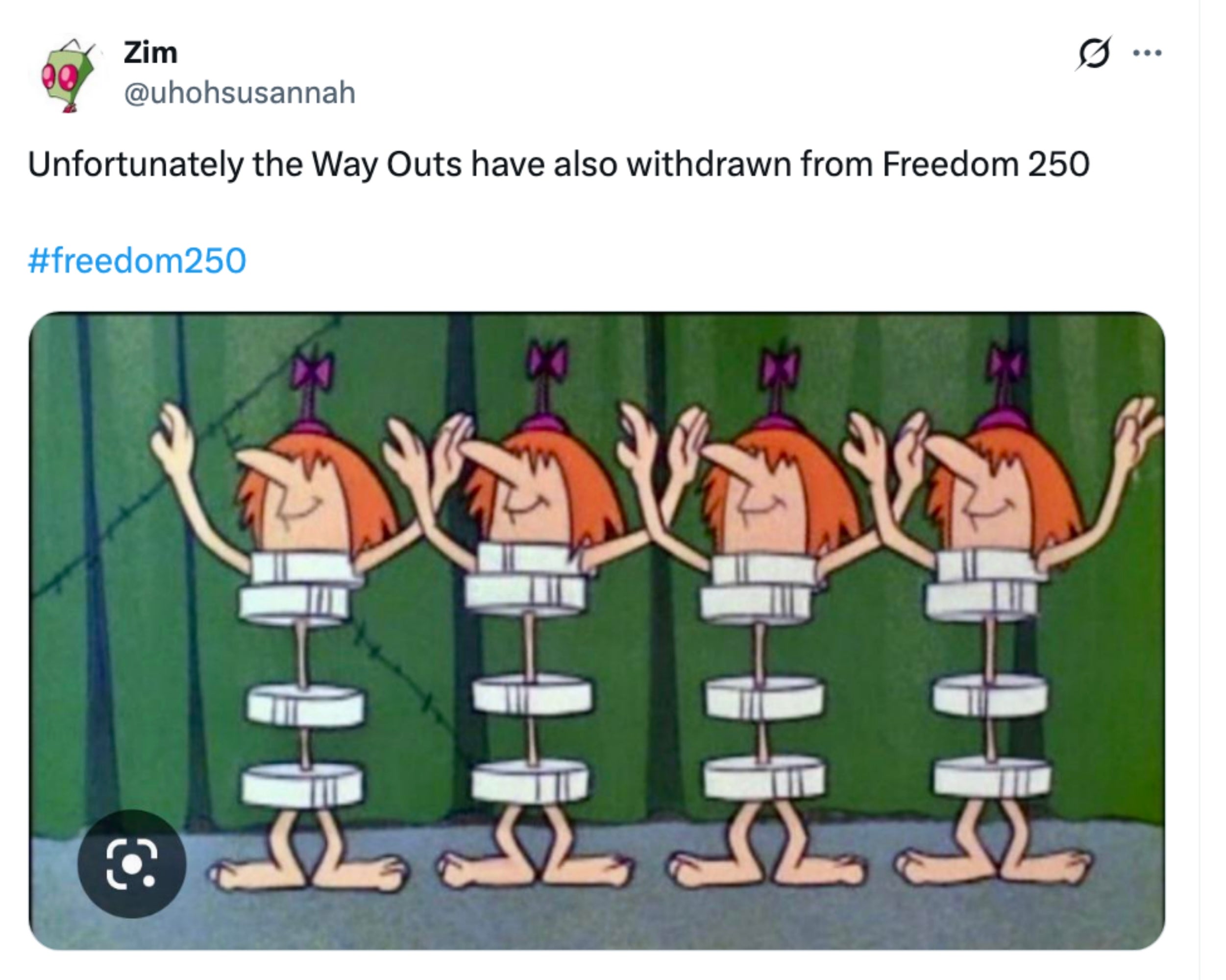 Cartoon illustration of 4  identical cavemen-style characters wearing bony  and hoop outfits, captioned with their withdrawal from an event