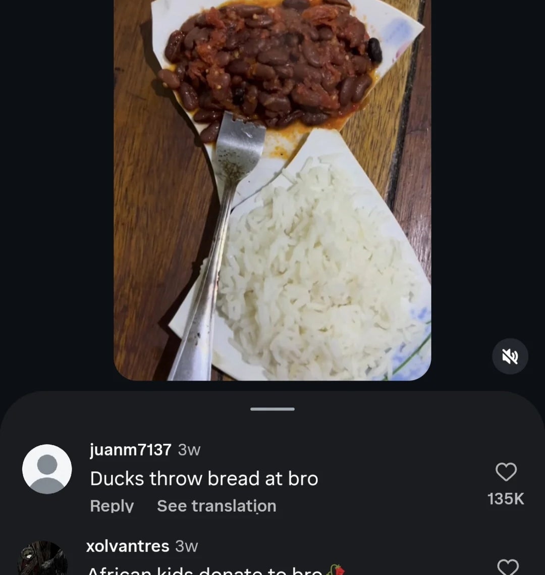 Plate with beans and rice; comments jokingly comparison  the nutrient  to communal  stereotypes, humorously mentioning ducks and donations