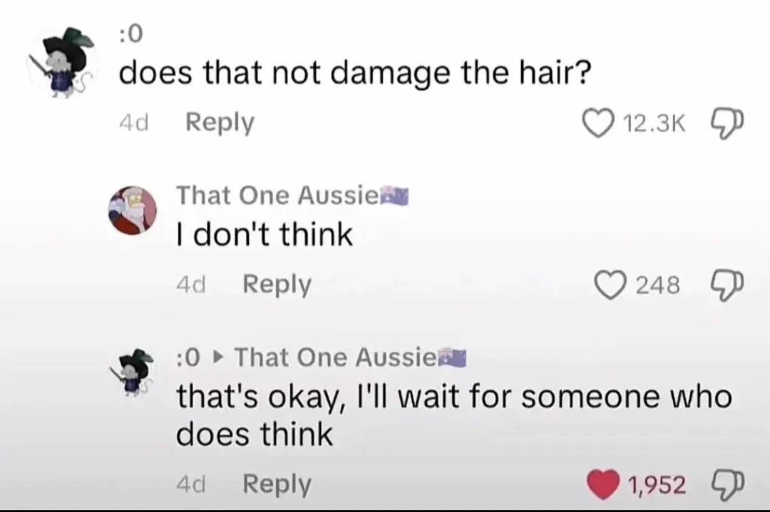 Comment thread with a question   astir  hairsbreadth  harm  and a humorous reply   astir  waiting for idiosyncratic    knowledgeable