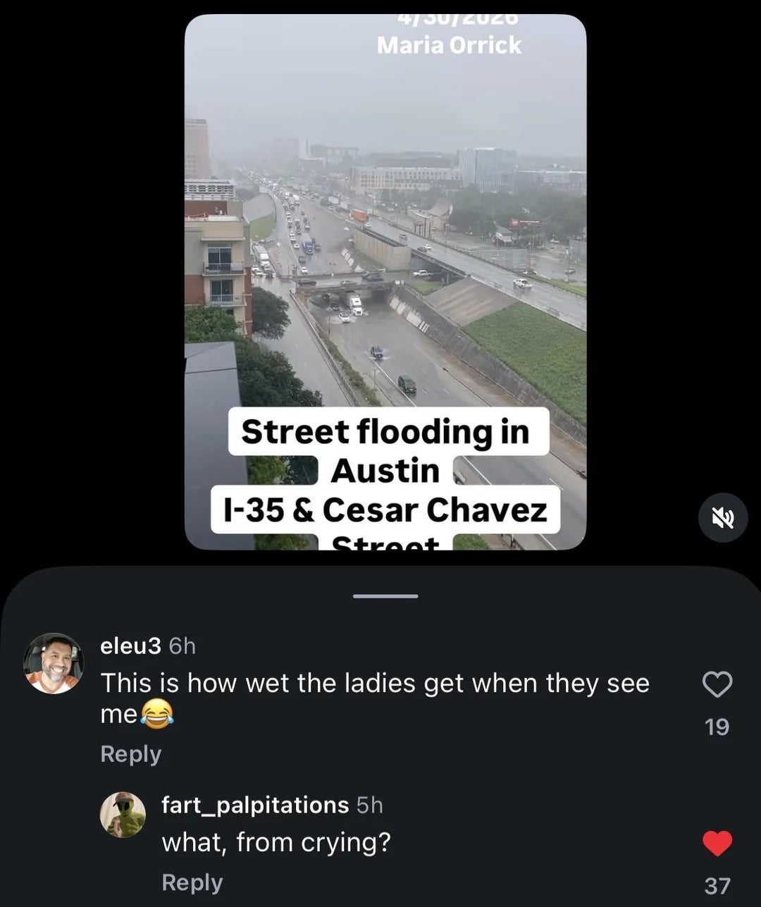Screenshot of a societal  media station  showing thoroughfare  flooding successful  Austin with a humorous remark  speech   underneath