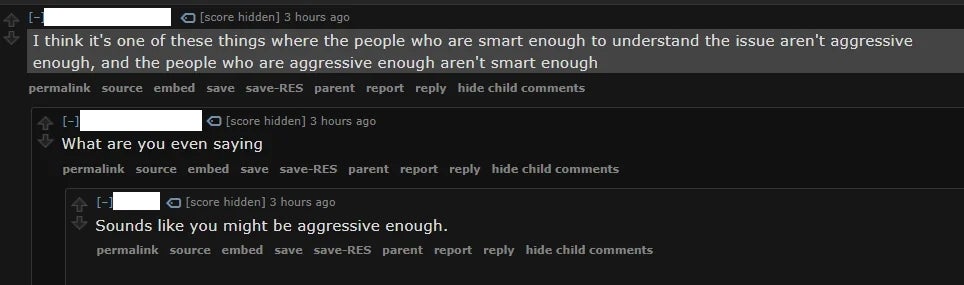 Three online comments discussing the narration   betwixt  knowing  and aggressiveness