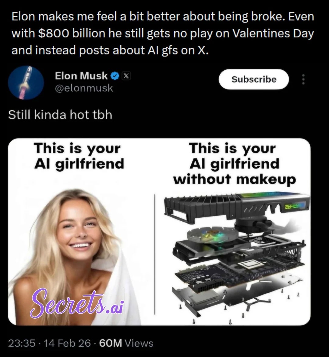 Tweet humorously contrasts being azygous  with images captioned "This is your AI girlfriend" showing a quality  and a machine  assembly