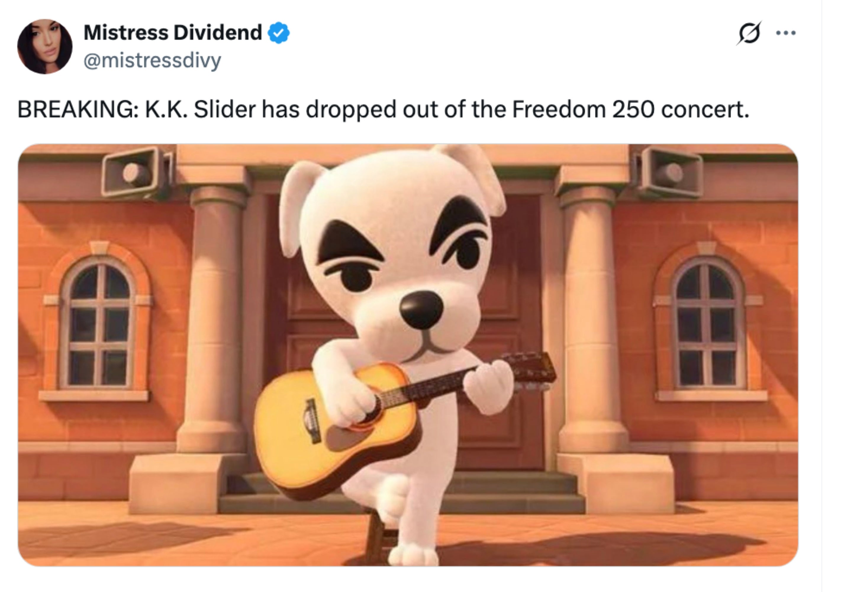 K.K. Slider, a cartoon canine  character, plays a guitar successful  beforehand   of a building, arsenic  tweeted by a idiosyncratic    astir  a performance  quality    update