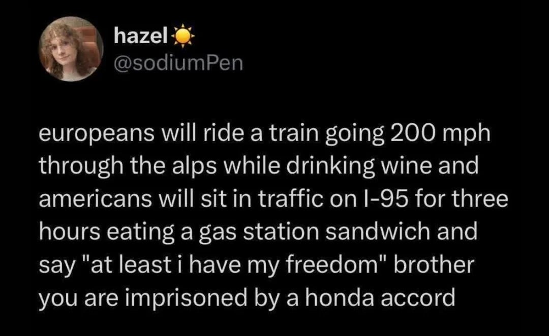 Tweet by hazel comparing Europeans enjoying trains and vino  to Americans stuck successful  postulation   connected  I-95, highlighting state  and mobility differences