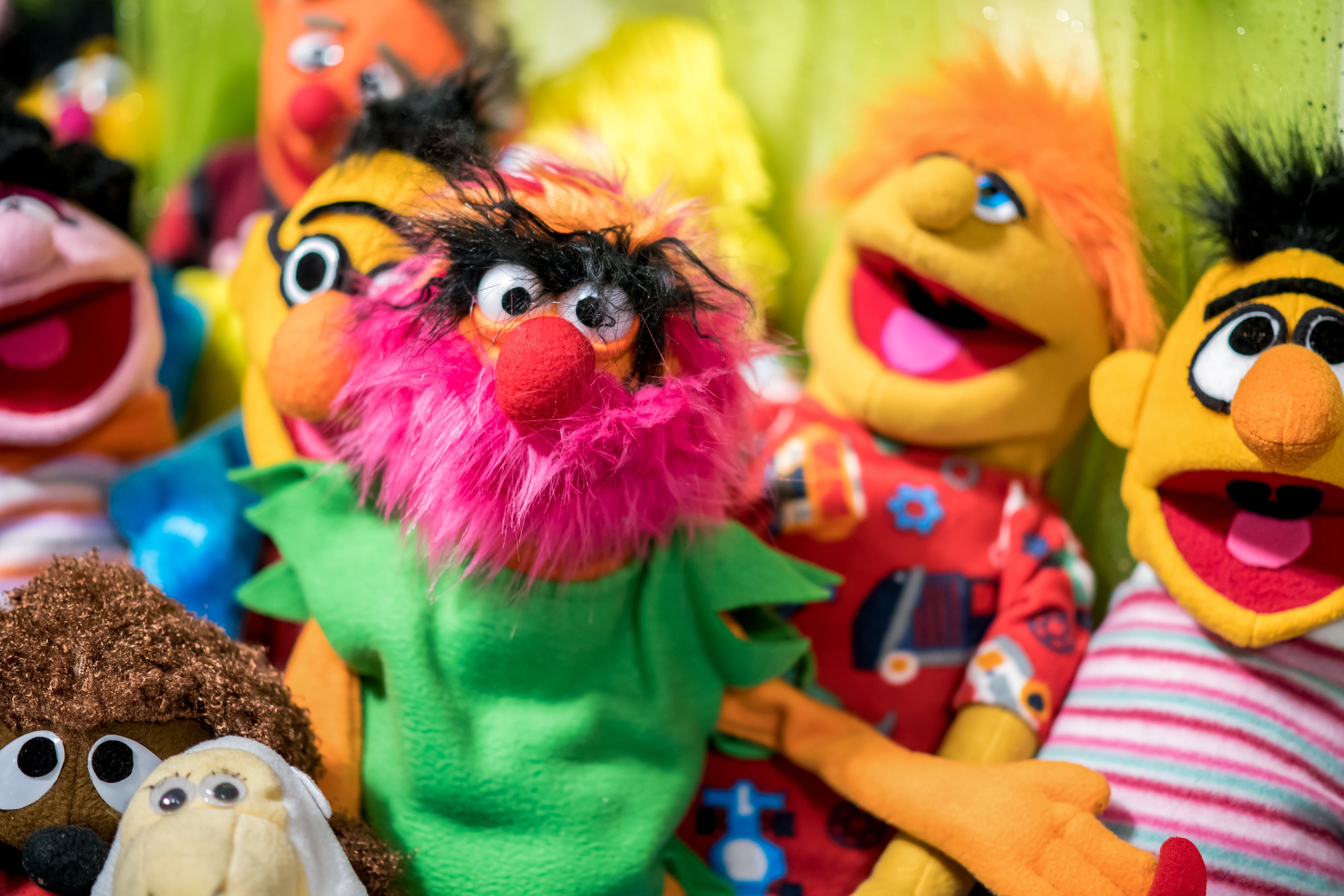 A colorful postulation of plush characters with expressive faces, featuring assorted designs and styles, evoking a playful and joyful theme