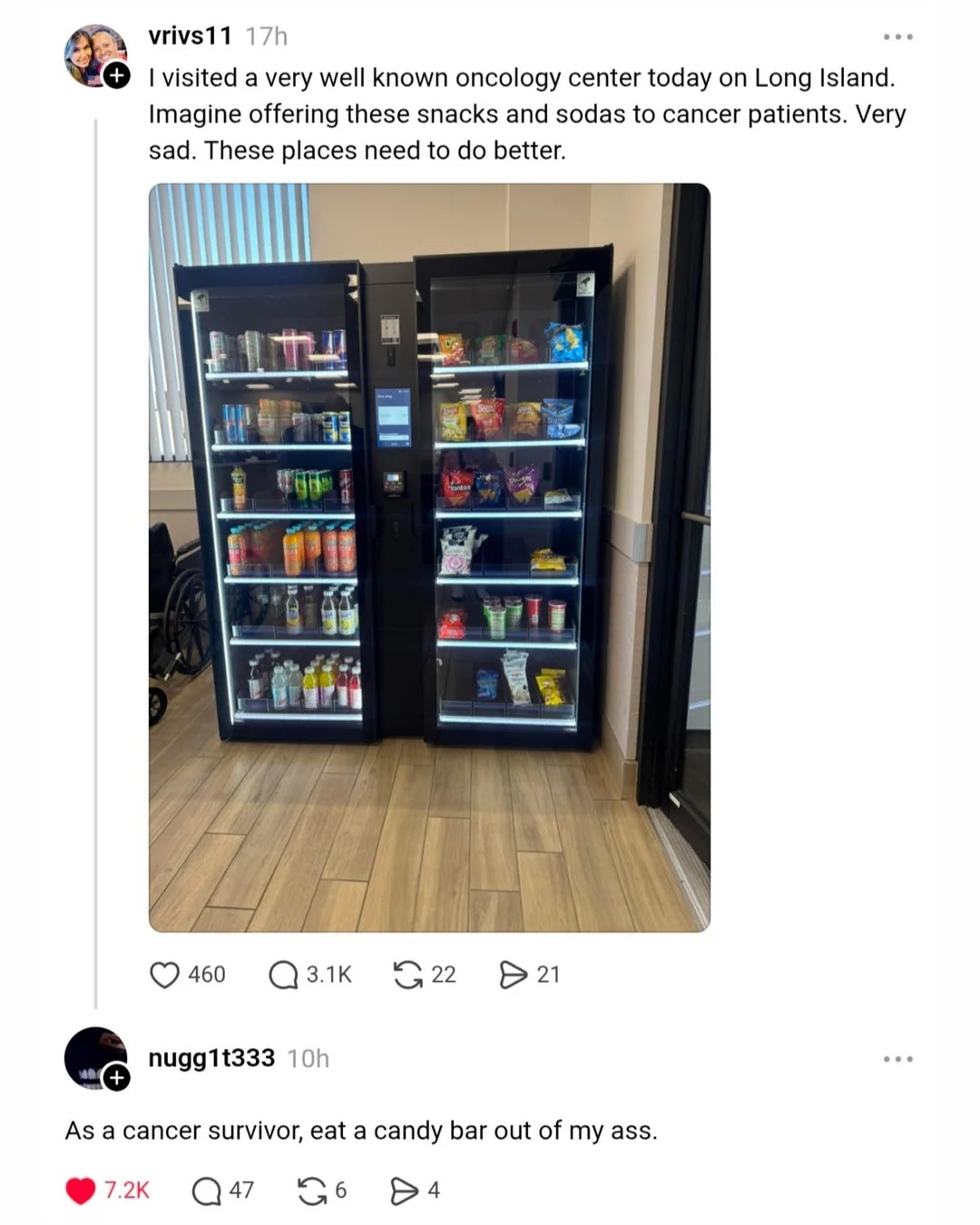 Image shows a tweet with a photograph  of vending machines successful  an oncology center, criticized for their unhealthy snacks. A sarcastic reply   follows