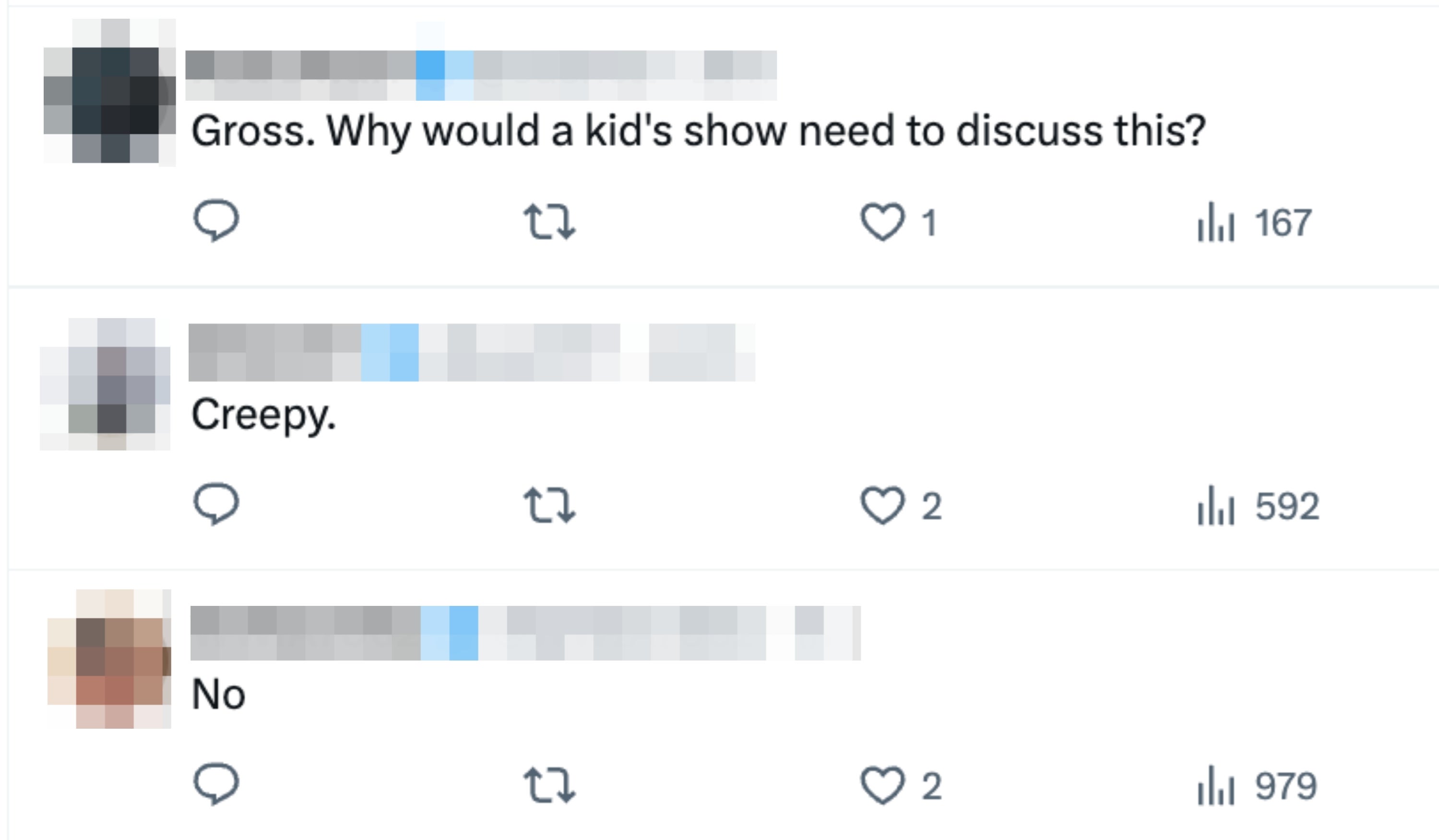 Three tweets expressing disapproval of a taxable discussed connected a kid's show, including 1 calling it "gross" and different saying "creepy."