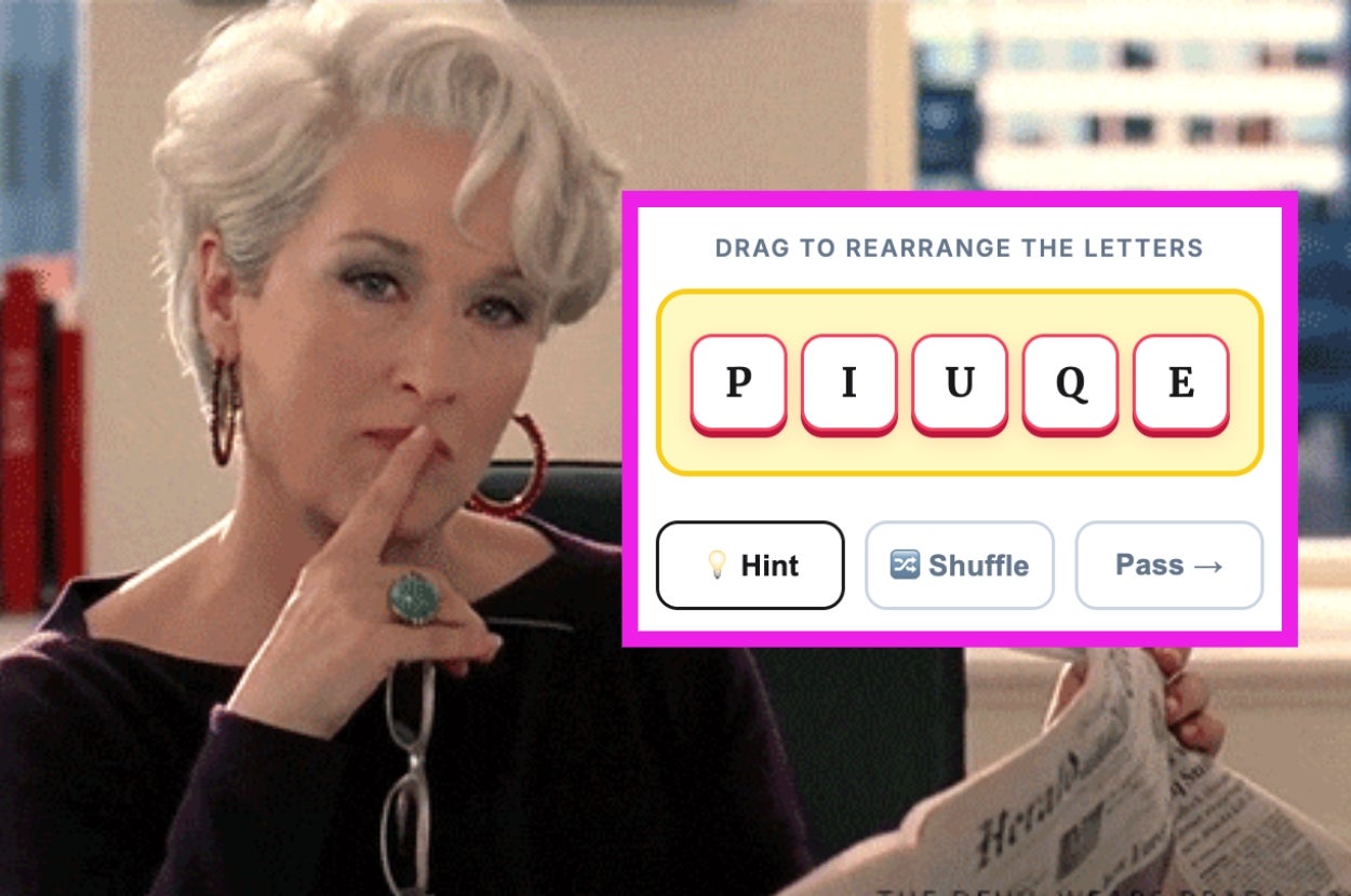 A person reads a newspaper with a word puzzle overlay, showing rearranged letters: "P I U Q E". Options include hint, shuffle, and pass