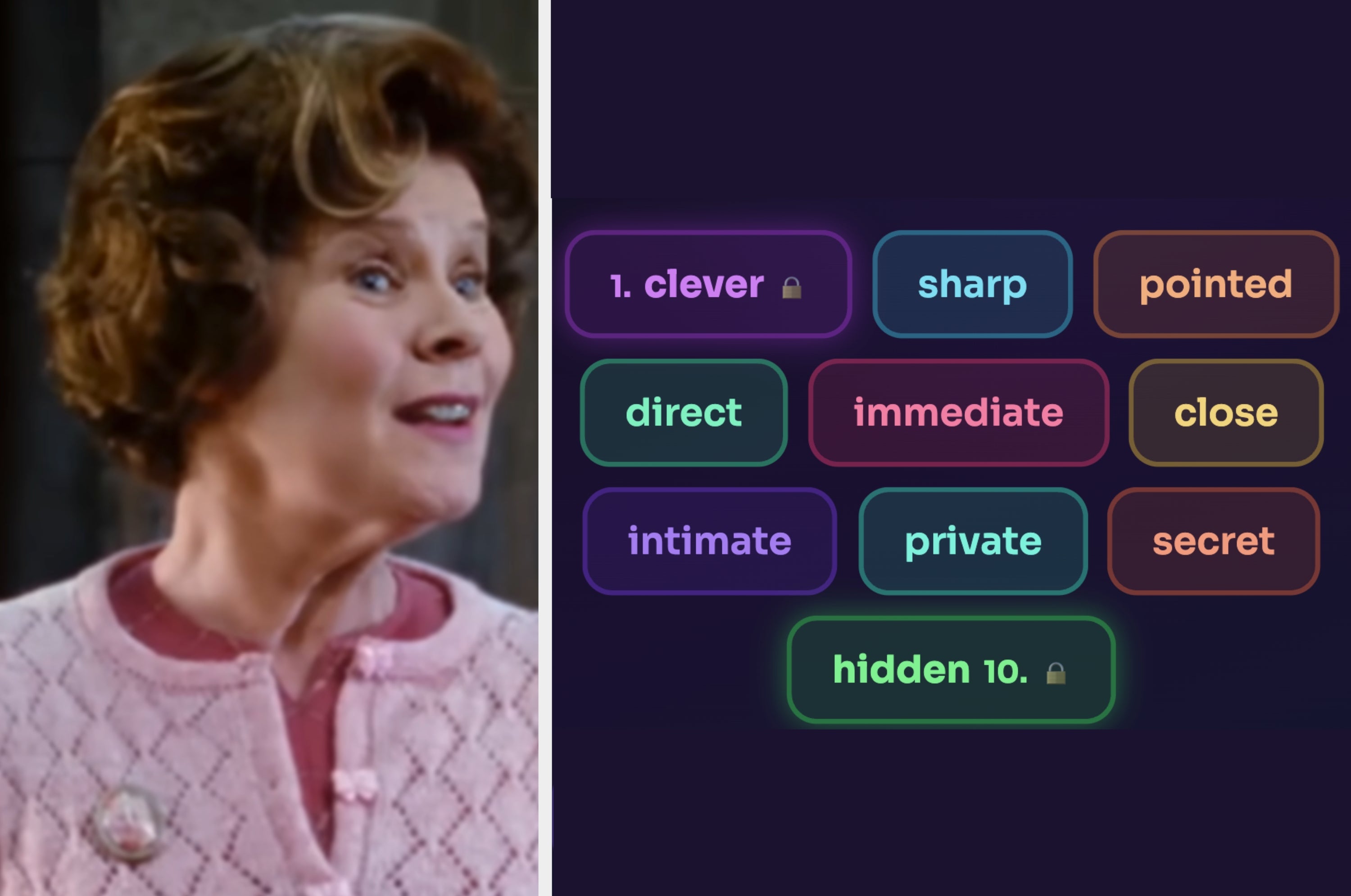 Word puzzle game interface next to a scene of a young boy raising his hand in a classroom