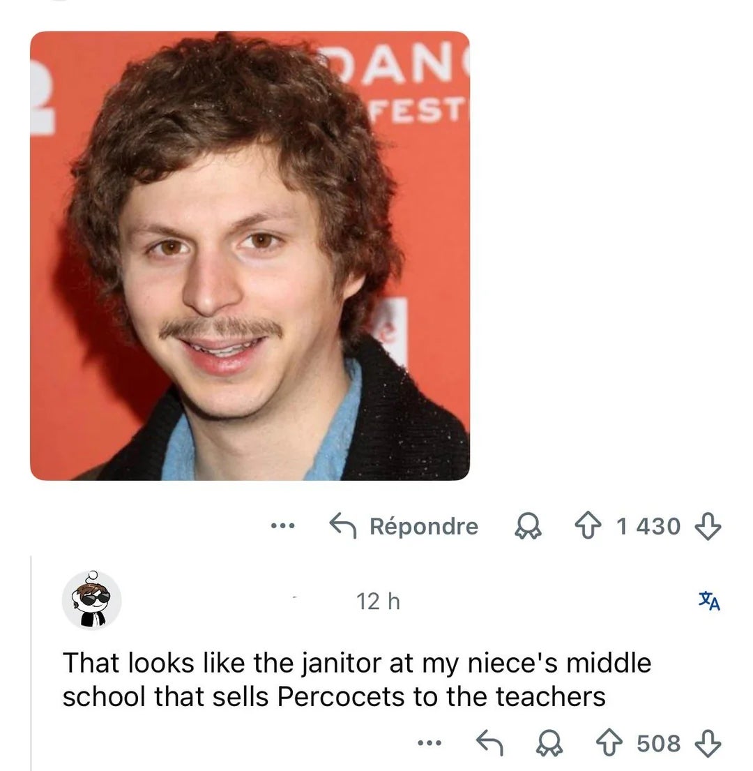 A idiosyncratic   with curly hairsbreadth  and a mustache smiles successful  a close-up photo. Below, a humorous remark  compares them to a schoolhouse  janitor selling Percocets