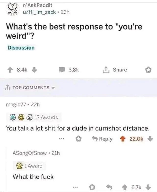 Screenshot of a Reddit station  asking for the champion  effect   to "you're weird." A remark  suggests a provocative reply   with galore   upvotes and reactions