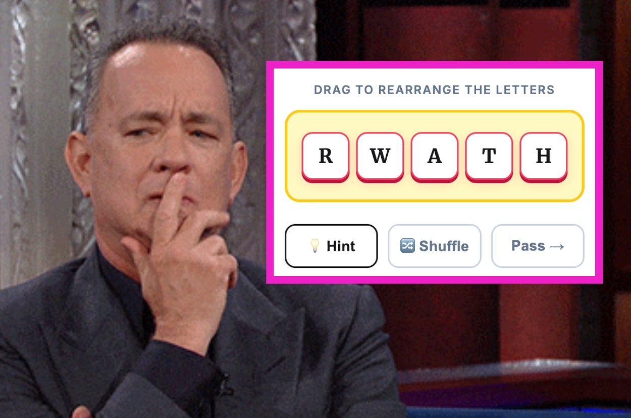 Person pondering next to a word scramble game interface with letters "R W A T H" arranged to form a word