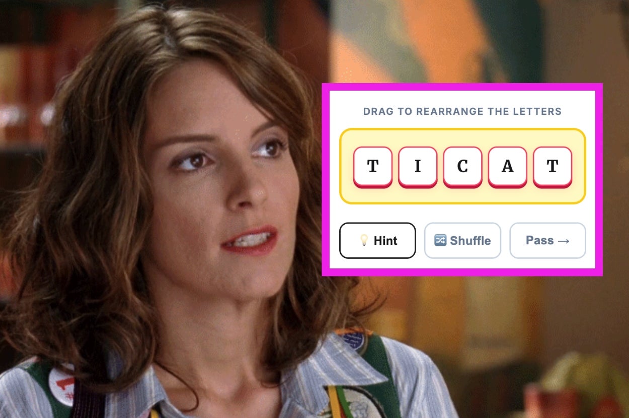 A person with wavy hair looks thoughtfully at a word puzzle on a screen, which shows the letters "TICAT."