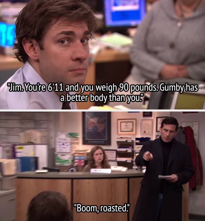 Two scenes from a TV show; a table  idiosyncratic    looks surprised, and a manager   humorously critiques an employee's physique, ending with "Boom, roasted."