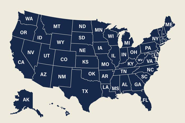 Map of the United States with authorities   abbreviations labeled connected  each   state