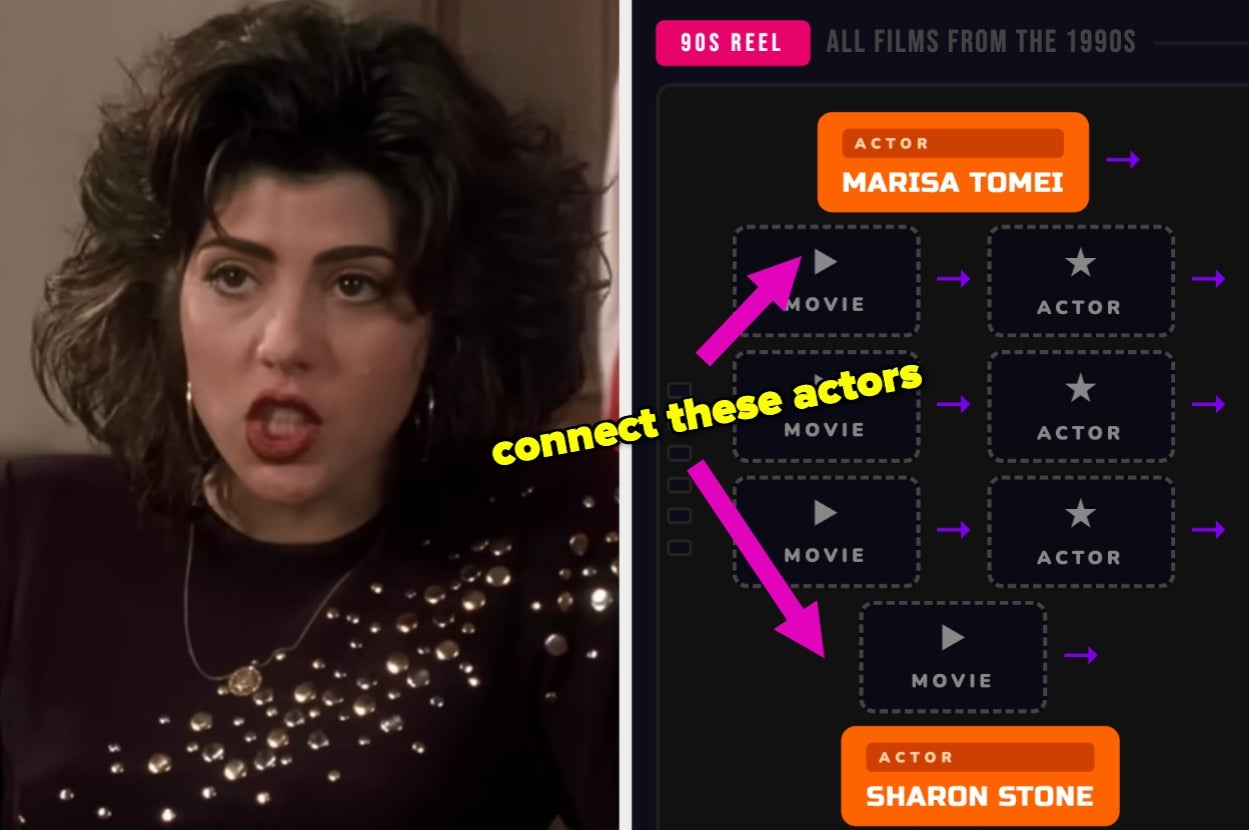 A split image: left shows an actor speaking in a film; right is a puzzle asking to connect actors Marisa Tomei and Sharon Stone with movies from the 1990s