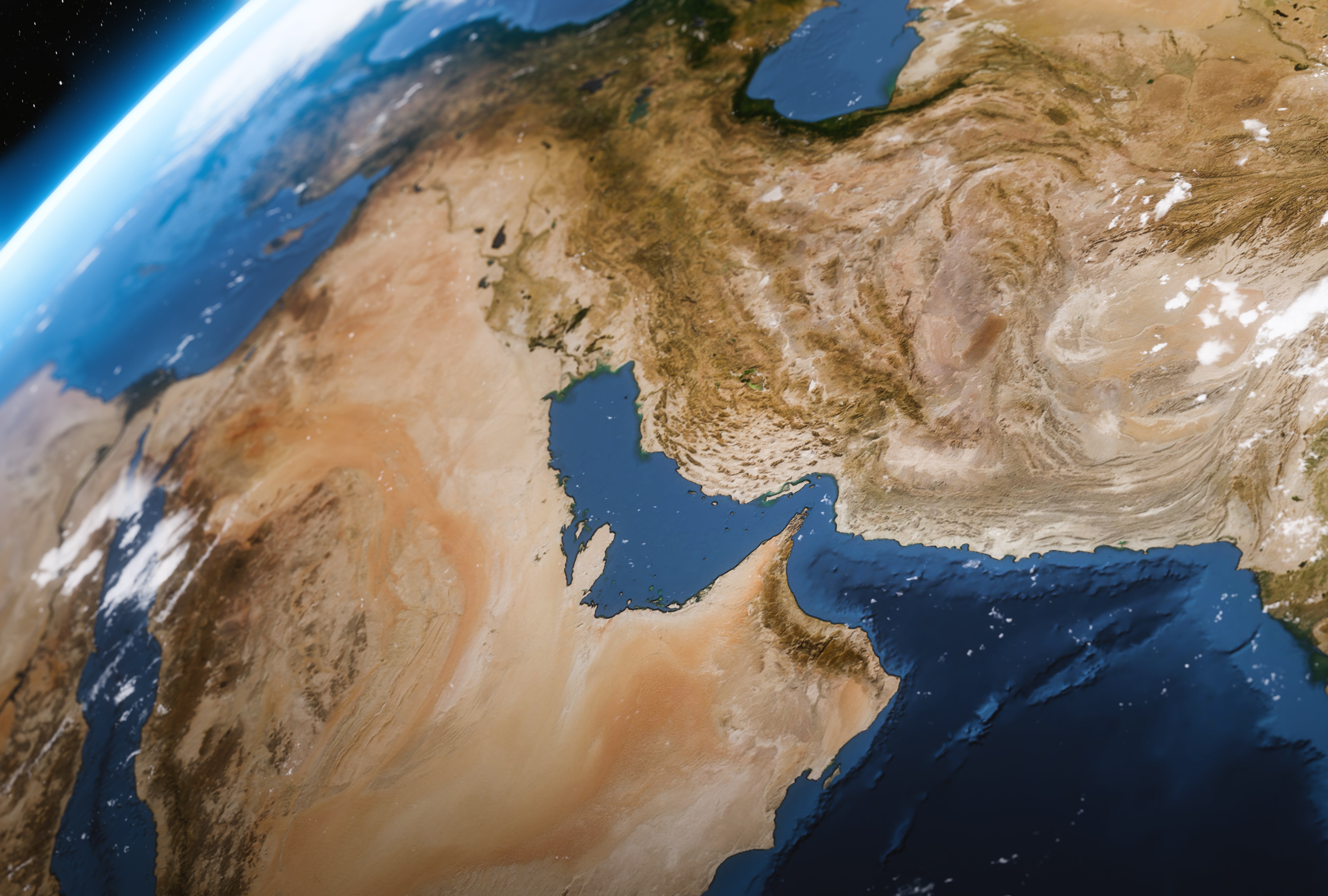 Satellite representation  of Earth's aboveground  showing the Middle East region, highlighting geographical features similar  deserts and bodies of water