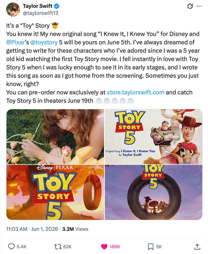Taylor Swift announces her original song "I Knew It, I Knew You" for Toy Story 5, streaming June 5. Toy Story 5 hits theaters June 19