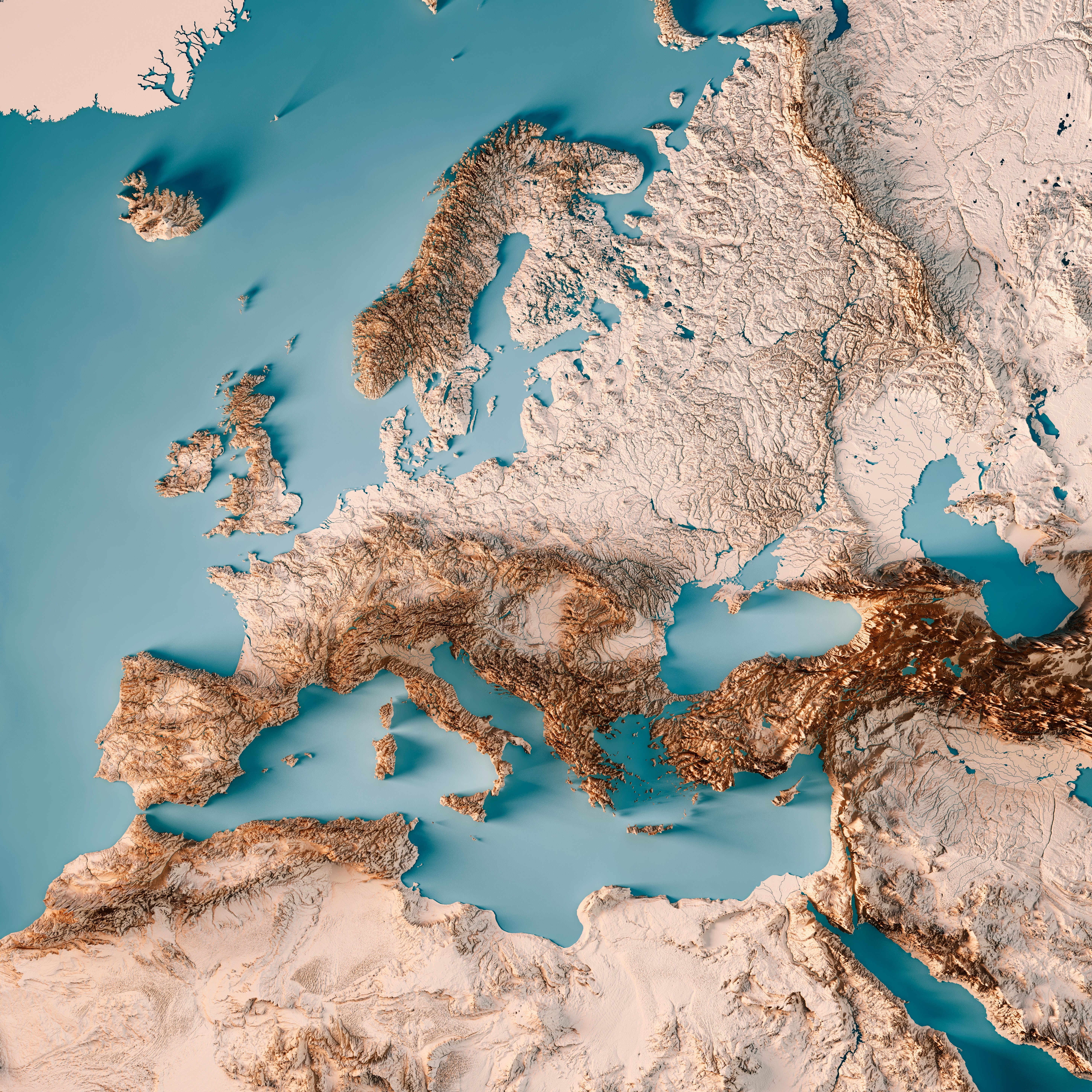 Map depicting Europe with textured topography, showing mountains, plains, and coastlines