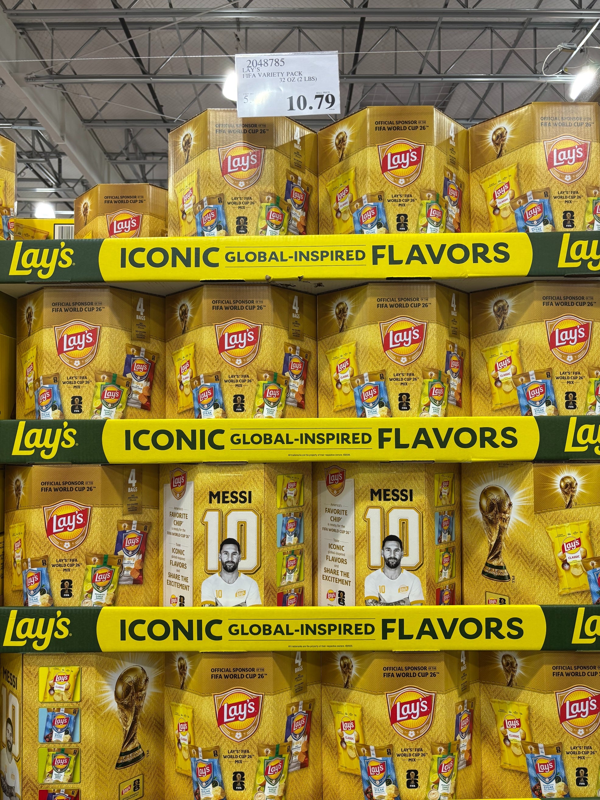 Store display of Lay's chips featuring "Iconic Global-Inspired Flavors" with soccer-themed packaging labeled Messi, priced at $10.79