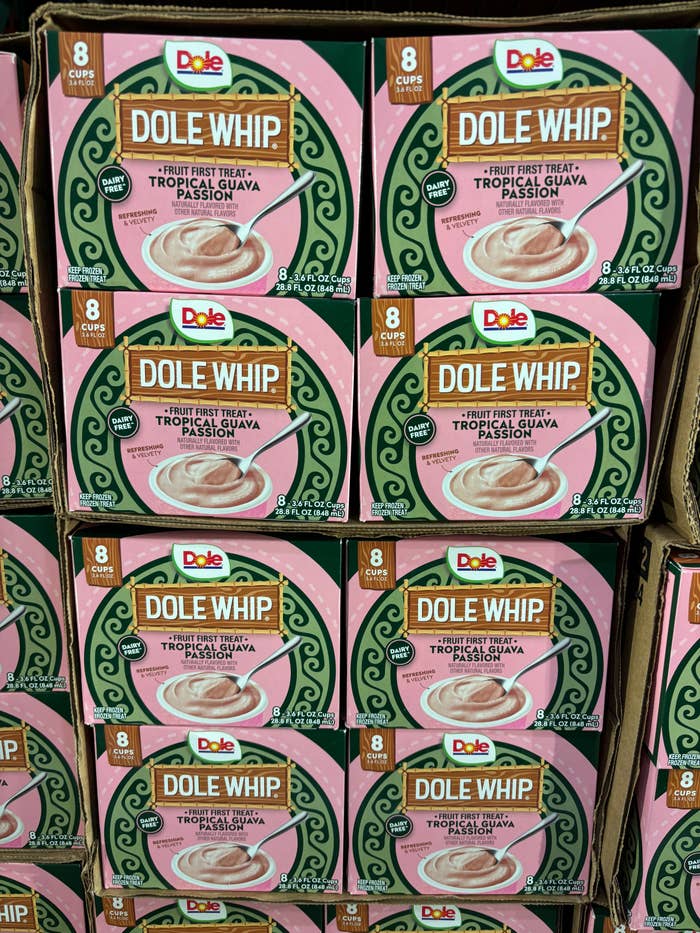 Dole Whip Tropical Guava Passion fruit cups stacked in a store display