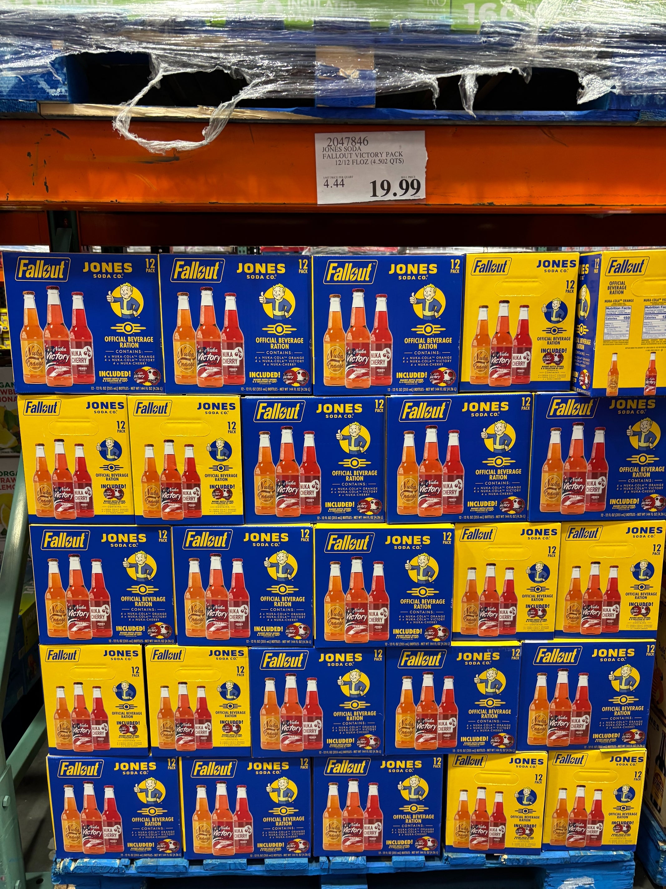 Cases of Jones soda with Fallout branding displayed on shelves, priced at $19.99 per case