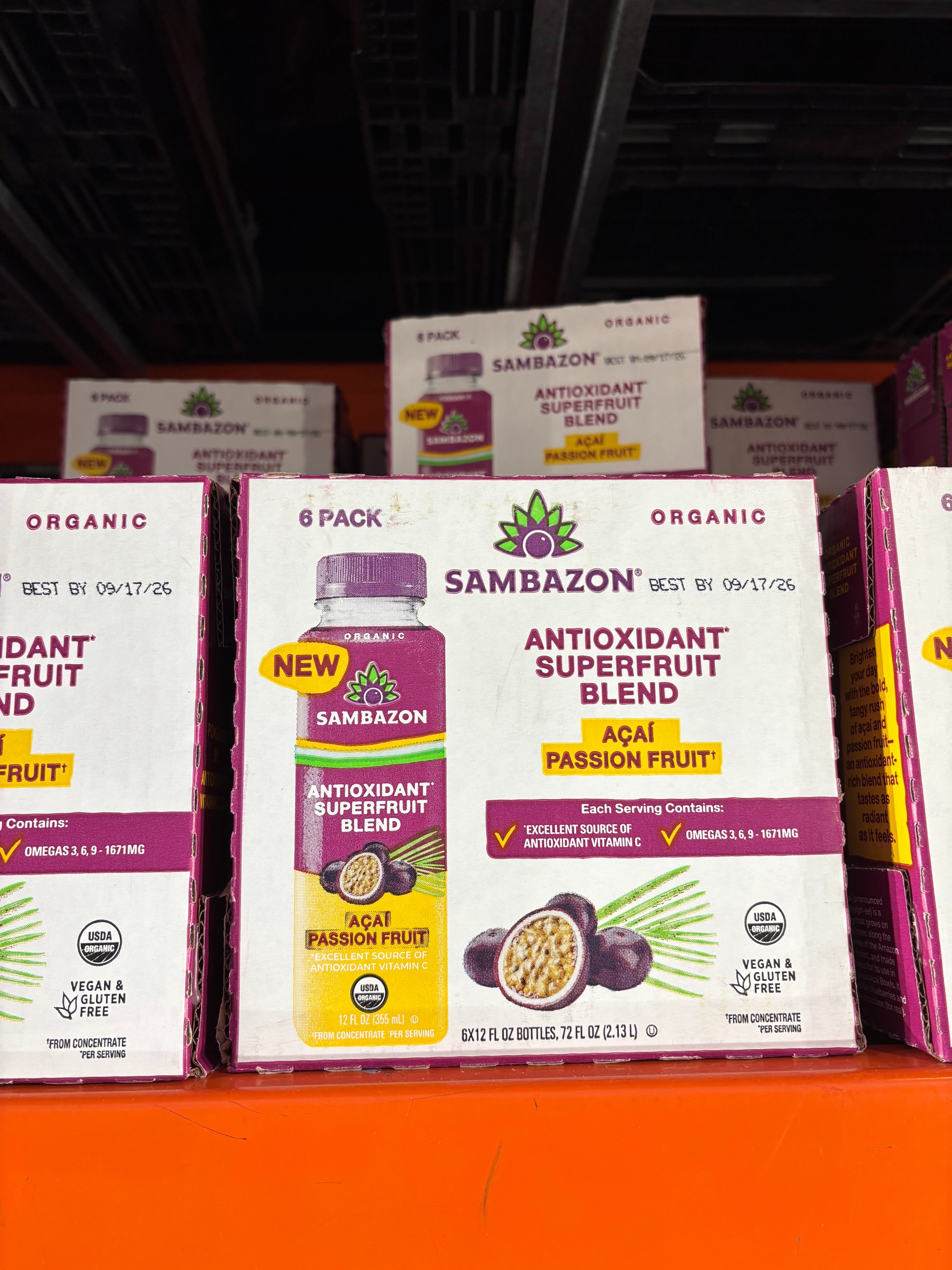Sambazon Antioxidant Superfruit Blend pack with açaí and passion fruit, featuring USDA Organic and Vegan certifications