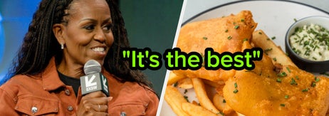 A person in a brown outfit speaks at an event. Next to them, a plate of fish and chips is shown with the text "It's the best"